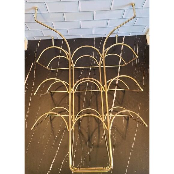 Vintage Gold Brass Wine Rack 9 Bottle Liquor Holder Bar Caddy w Handle MCM Retro - Picture 8 of 12